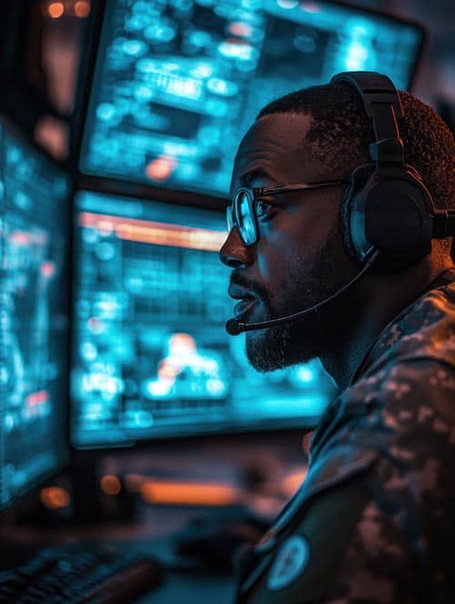 Cyber Security Operator Monitoring Multiple Screens Department of defense command center